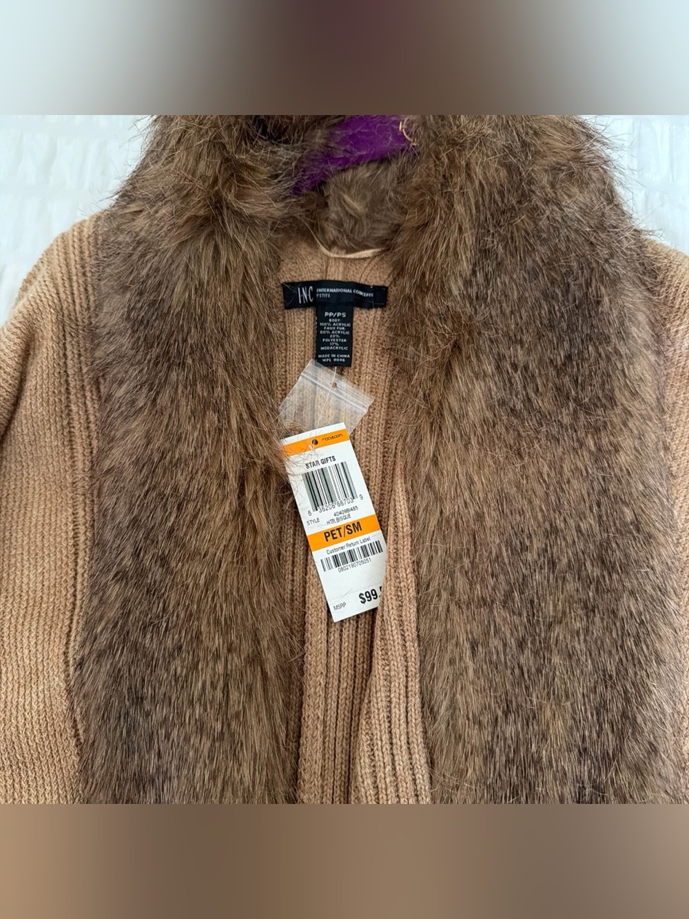 INC International Concepts Brown Faux-Fur Trim Knit Coatigan